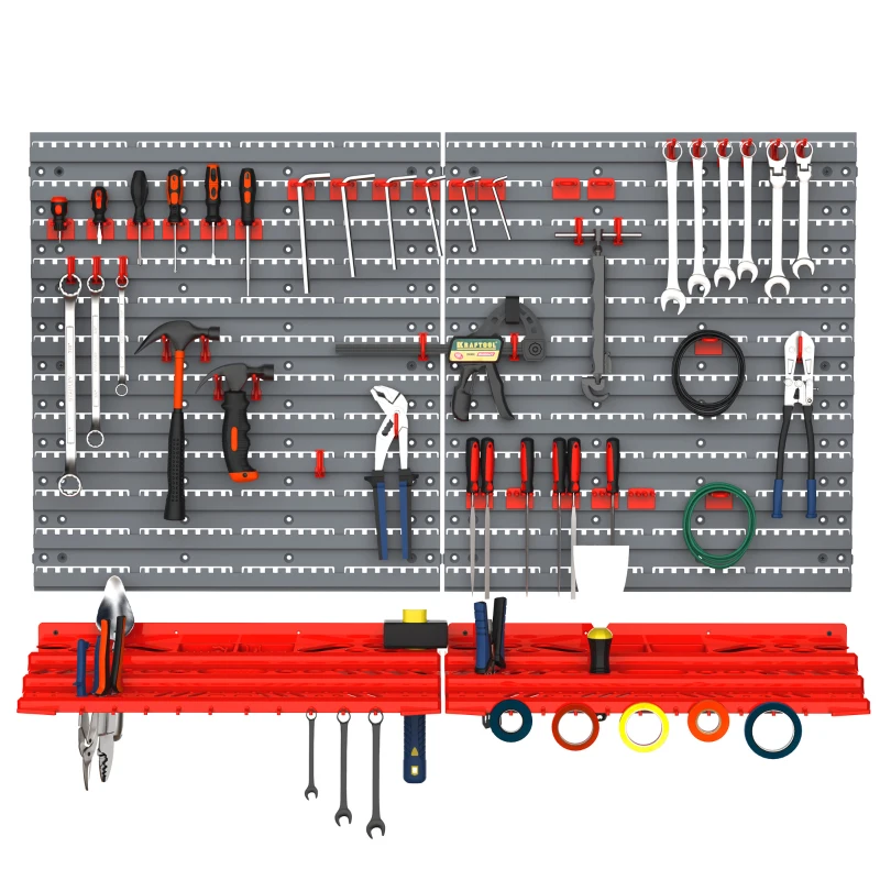 DURHAND 54 Piece Plastic Pegboard Panels, Peg Board with Accessories, Shelf Tool Organizer, Wall Mounted DIY Garage Storage with 50 Hooks, Red