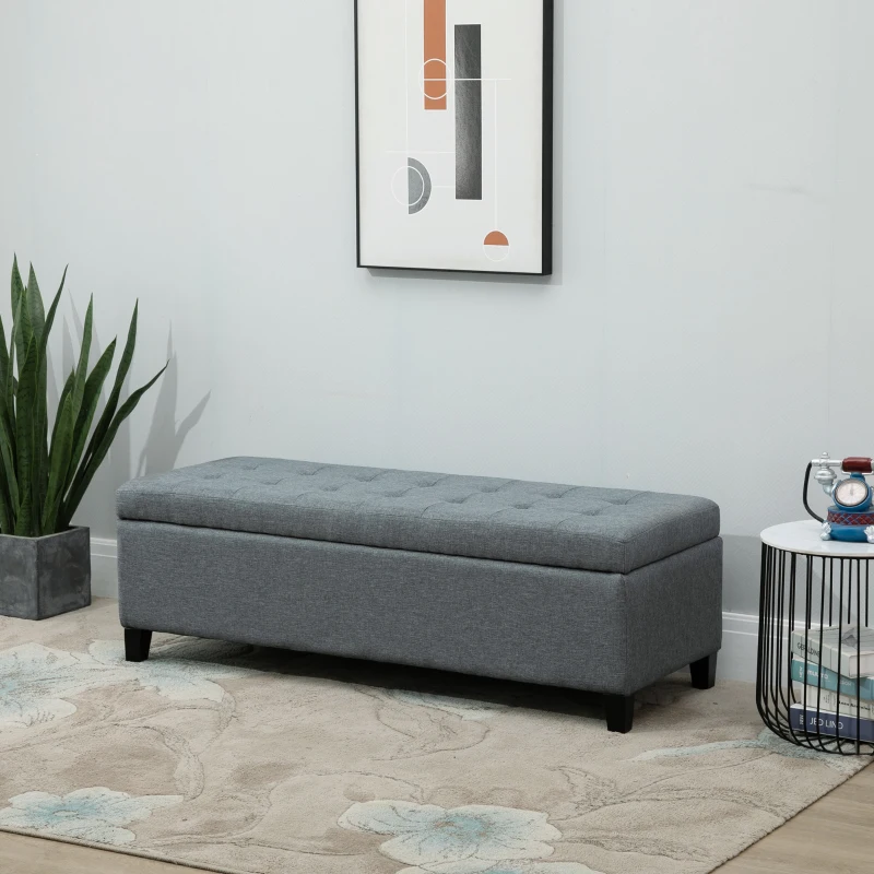HOMCOM Rectangular Entry Bench, Tufted Upholstered Linen Fabric Wood Feet Storage Ottoman Bench, Grey