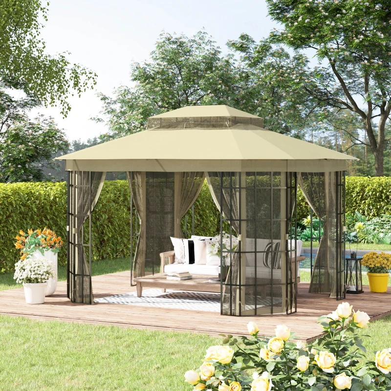 Outsunny 12'x10' Soft-top Patio Gazebo Canopy Steel Gazebo with Double Vented Roof, Mosquito Netting, Beige