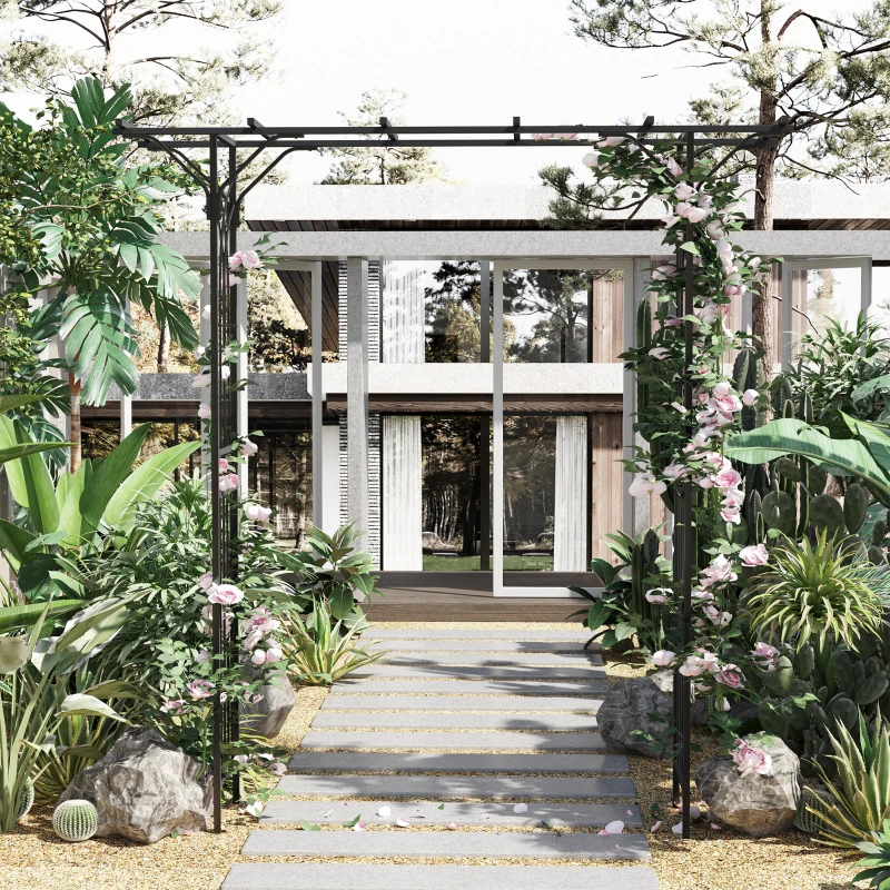 Outsunny 7ft Metal Garden Arch Outdoor Walkway Arbor for Decorative Climbing Plants Patio Lawn Backyard Party Ceremony Decoration Accessories Dark Gray