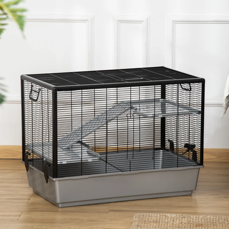 PawHut 3-tier Hamster Cage, Guinea Pig Cage with Accessories Food Dish Water Bottle, Ramps, 31.5"x19"x 23", Grey