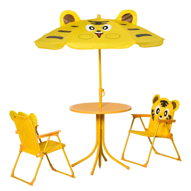 Outsunny Kids Folding Picnic Table and Chair Set Pattern Outdoor Garden Patio Backyard with Removable & Height Adjustable Sun Umbrella Yellow