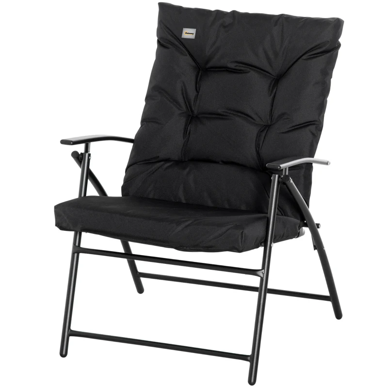 Outsunny Foldable Lounge Chair, Fabric Upholstered Recliner, Outdoor Lounger with Armrest, Metal Frame for Backyard, Black