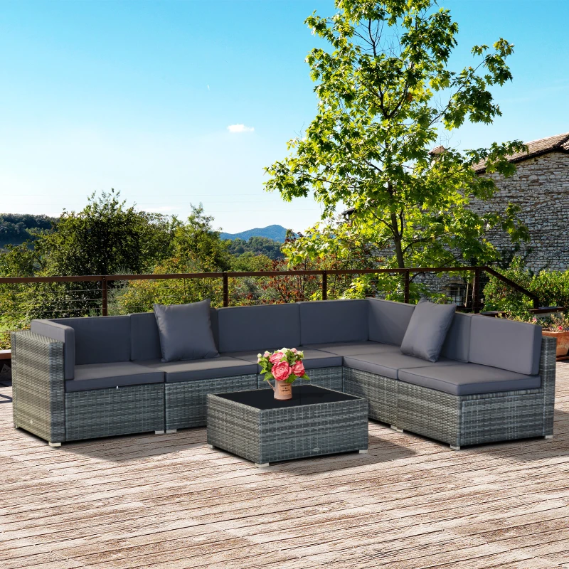Outsunny 7pcs Garden Wicker Sectional Set w/ Tea Table Patio Rattan Lounge Sofa with Cushion, Dark Grey
