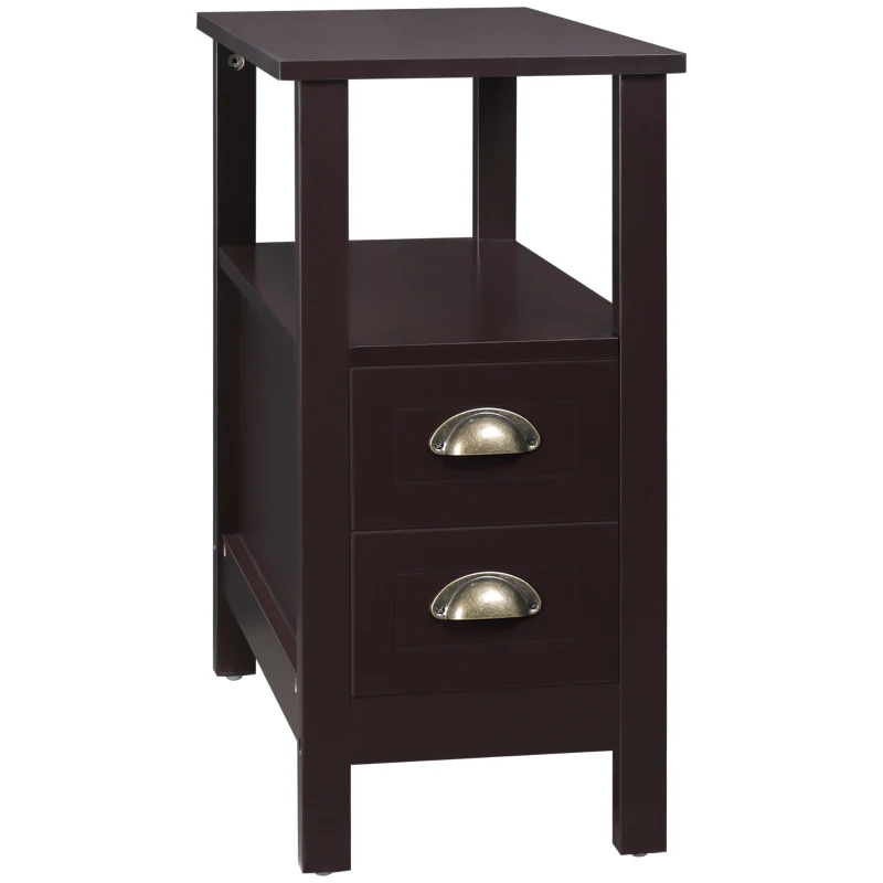 HOMCOM Slim End Table with 2 Drawers and Storage Shelf, Sofa Side Table for Living Room, Narrow Nightstand, Coffee