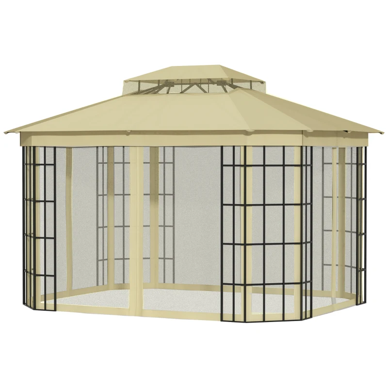 Outsunny 12'x10' Soft-top Patio Gazebo Canopy Steel Gazebo with Double Vented Roof, Mosquito Netting, Beige