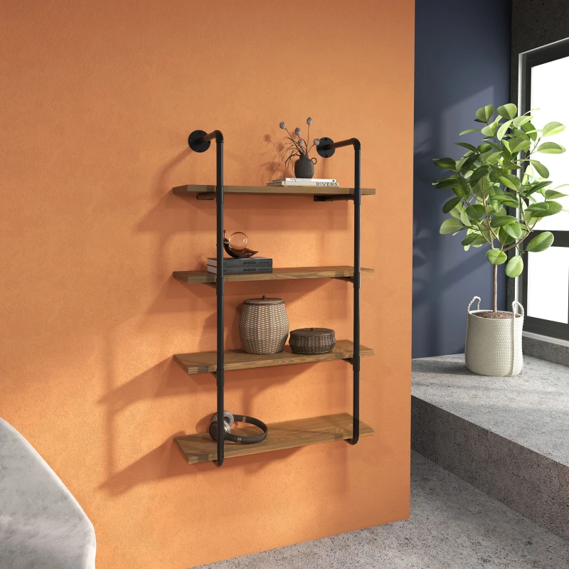 HOMCOM 4-Tier Industrial Pipe Shelves Floating Wall Mounted Bookshelf, Metal Frame Display Rack, 1" Thickness Shelving Unit for Farmhouse, Kitchen, Bar, Rustic Brown