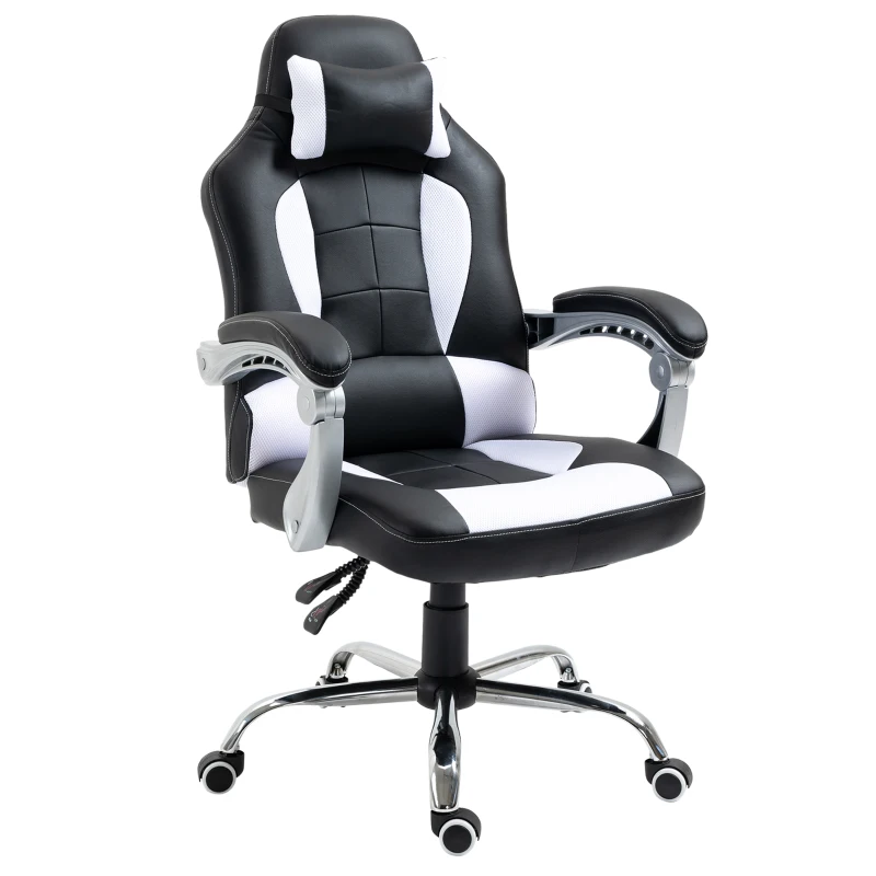 HOMCOM High Back Office Chair, Executive Racing Gaming Chair, Adjustable Recliner with Removable Headrest Pillow for Office, White and Black