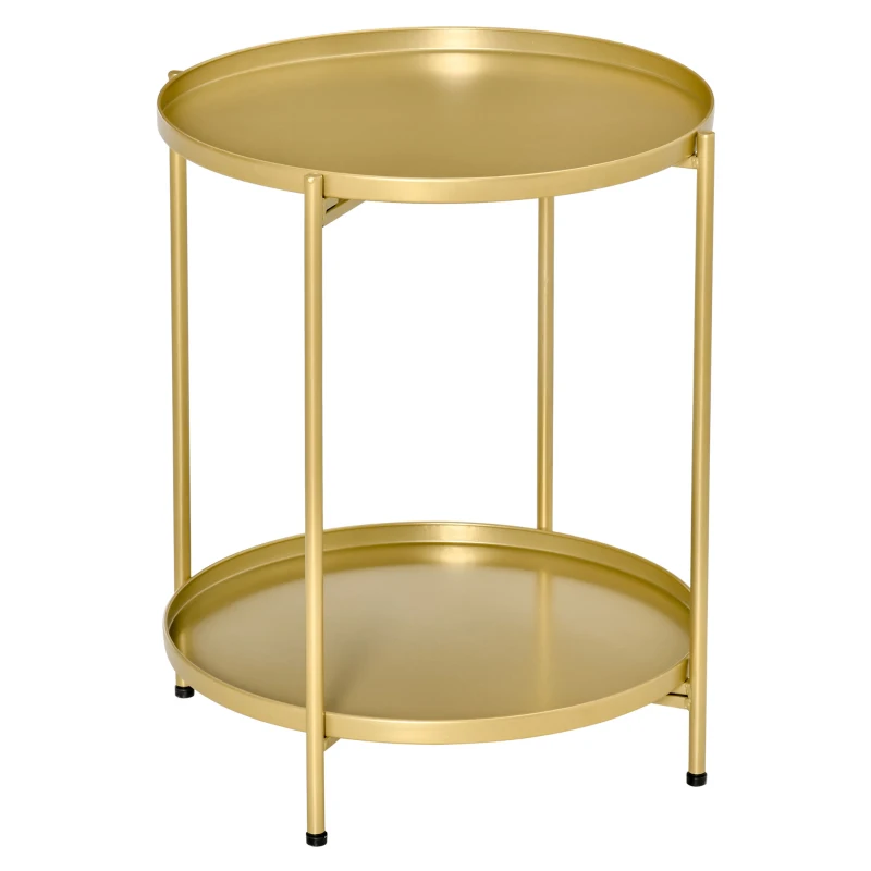 HOMCOM 2-Tier Gold Side Table, Round Nightstand with Removable Trays Folding Metal Frame Adjustable Foot End Table for Living Room Bedroom
