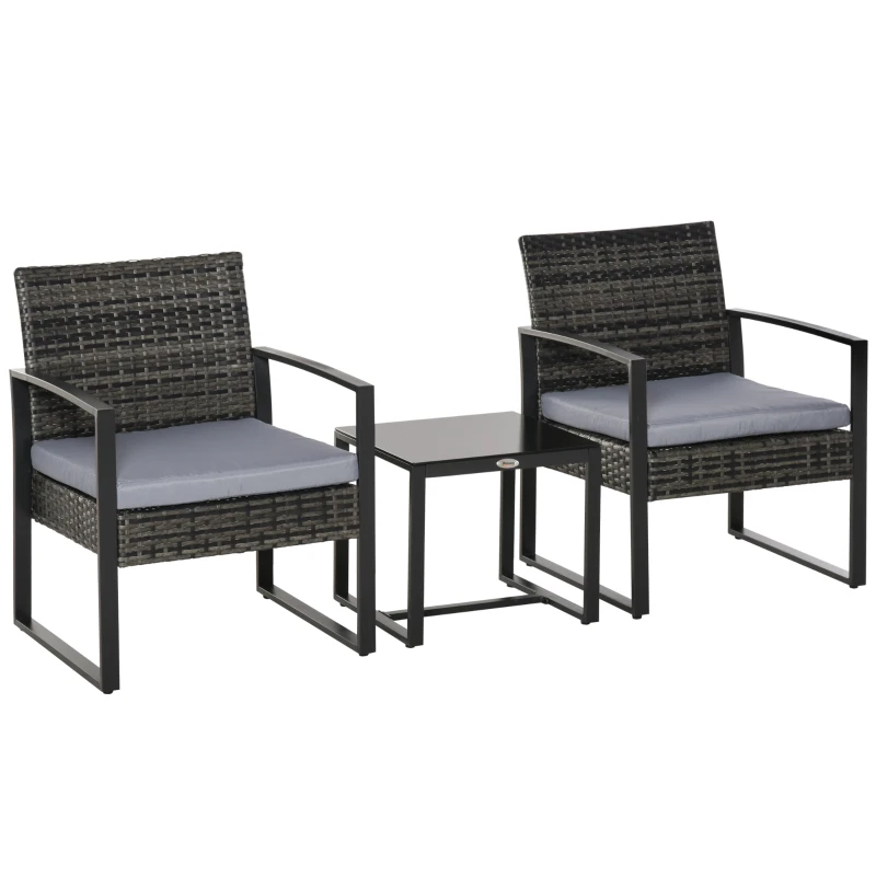 Outsunny 3 Pieces Wicker Patio Furniture Set, Rattan Bistro Set with Glass Top Coffee Table and Cushions, Outdoor Conversation Set for Garden, Porch, Balcony, Grey