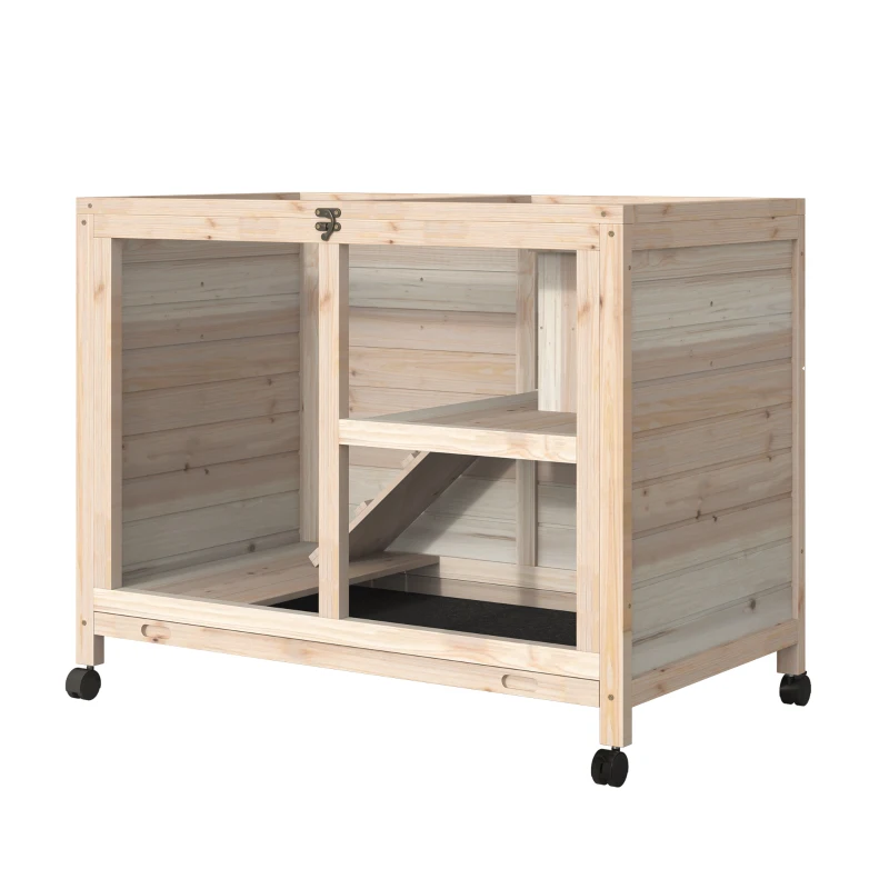 PawHut Indoor Rabbit Hutch with Wheels, Bunny Cage Guinea Pig House W/ Top Access, Ramp, Pull Out Tray, Natural Wood