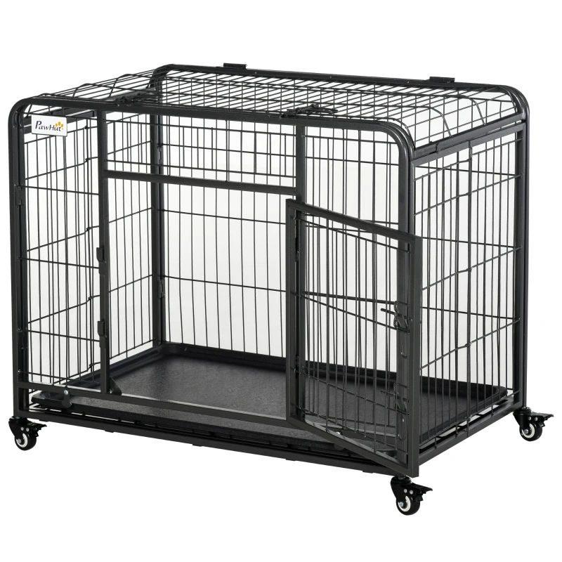 PawHut Folding Heavy Duty Dog Crate Heavy Duty Cage for Medium Sized Dogs with Double Doors, Lockable Wheels Tray, 37" x 23" x 27"