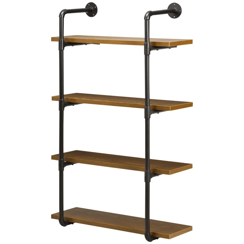 HOMCOM 4-Tier Industrial Pipe Shelves Floating Wall Mounted Bookshelf, Metal Frame Display Rack, 1" Thickness Shelving Unit for Farmhouse, Kitchen, Bar, Rustic Brown