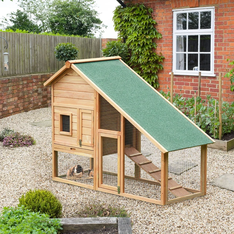 PawHut 62x26x47 Inches Rabbit Hutch Chicken Coop Wooden Poultry Hen House Small Animal Pet Cage with Outdoor Run and Ramp