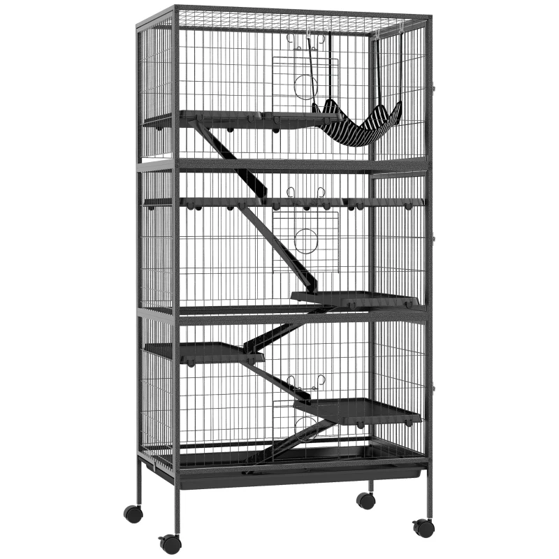 PawHut 6-Tier Rolling Small Animal Cage, Deluxe Rabbit Cage, Ferret Cage for Mink Chinchilla Kitten Rabbit Charcoal Grey