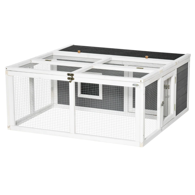 PawHut Wooden Rabbit Hutch Small Animal Cage Pet Run Indoor Outdoor with Openable Roof and Water-repellent Paint, Grey