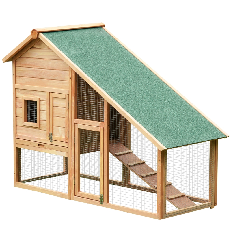 PawHut 62x26x47 Inches Rabbit Hutch Chicken Coop Wooden Poultry Hen House Small Animal Pet Cage with Outdoor Run and Ramp