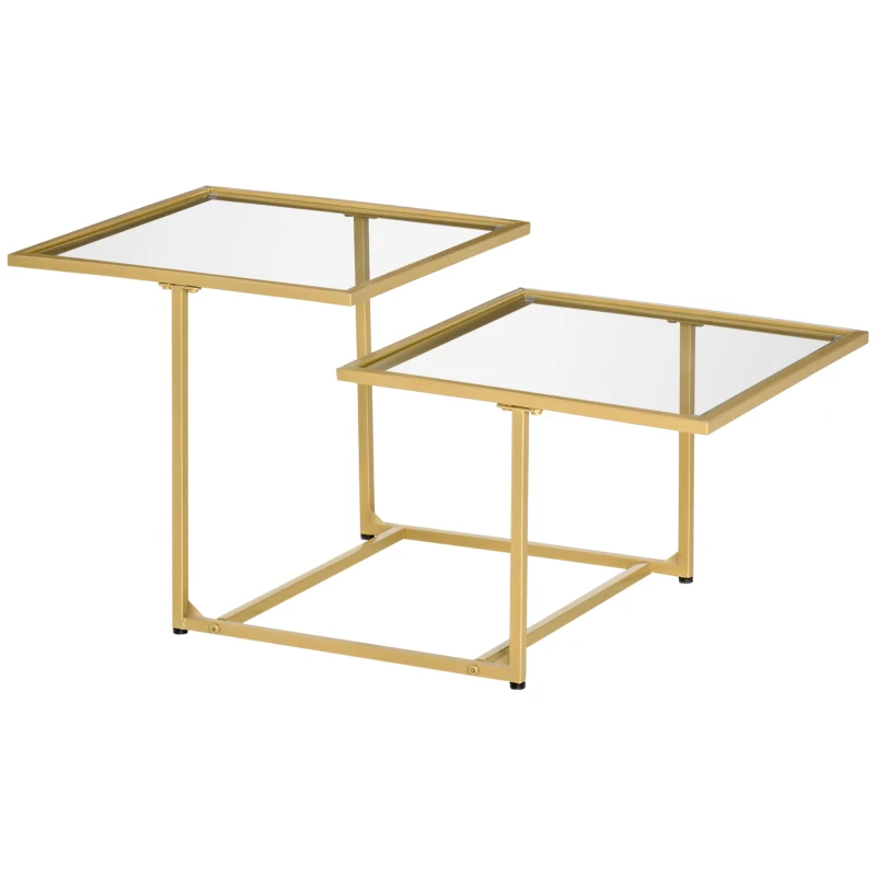 HOMCOM Contemporary Coffee Tables with Double Tempered Glass Tabletops, Golden Side Table with Metal Base Adjustable Foot for Living Room, Bedroom