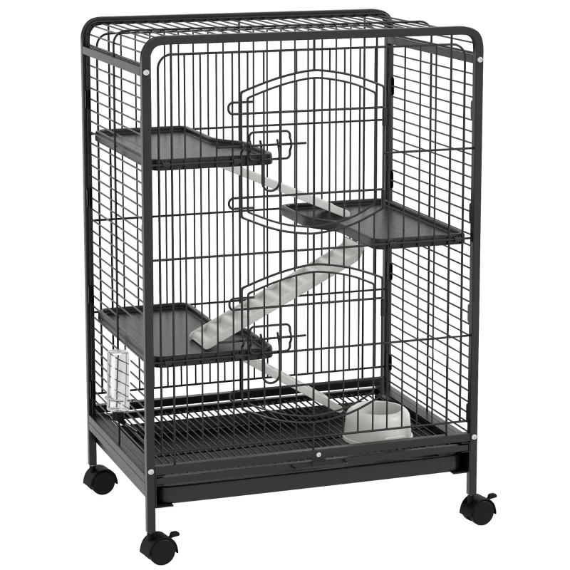 PawHut 4-Tier Ferret Cage, Small Animal Cage Pet Playpen for Rabbit Ferret Chinchilla on Wheels with Removable Tray Platform Ramp Food Dish Water Bottle, 24" x 17" x 37"