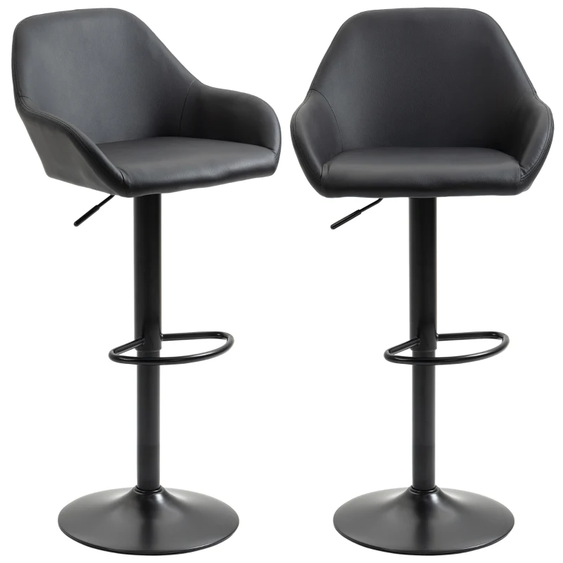 HOMCOM Adjustable Bar Stools Set of 2, Swivel Barstools with Footrest and Back, PU Leather and Steel Round Base, for Kitchen Counter and Dining Room, Black