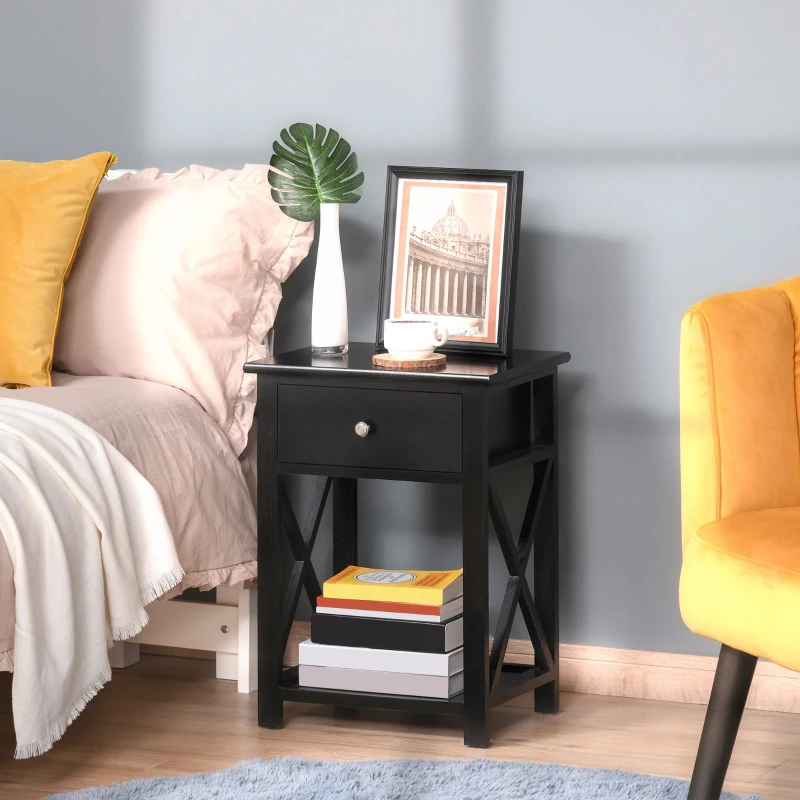 HOMCOM Wooden End Table Narrow Small Nightstand with Drawers Side Table for Bedroom, Black