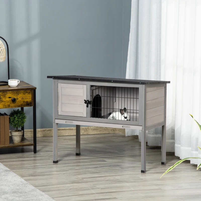 PawHut Wooden Rabbit Hutch Bunny Small Animal House with Openable Asphalt Roof, Slide-out Tray, Indoor/Outdoor, Grey