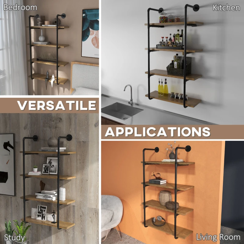 HOMCOM 4-Tier Industrial Pipe Shelves Floating Wall Mounted Bookshelf, Metal Frame Display Rack, 1" Thickness Shelving Unit for Farmhouse, Kitchen, Bar, Rustic Brown