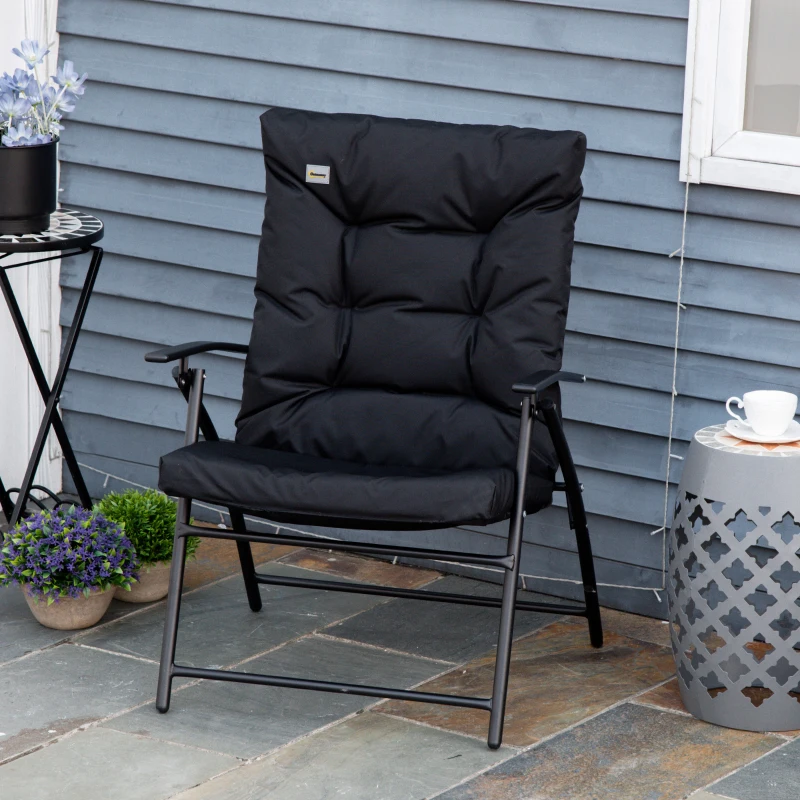 Outsunny Foldable Lounge Chair, Fabric Upholstered Recliner, Outdoor Lounger with Armrest, Metal Frame for Backyard, Black