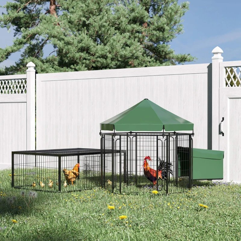 PawHut Steel Chicken Coop, Outdoor Hexagonal Hen House, Heavy Duty Detachable Poultry Crate Rabbit Hutch with Water-Resistant Canopy, Run, Nesting Box, Lockable Doors, Green