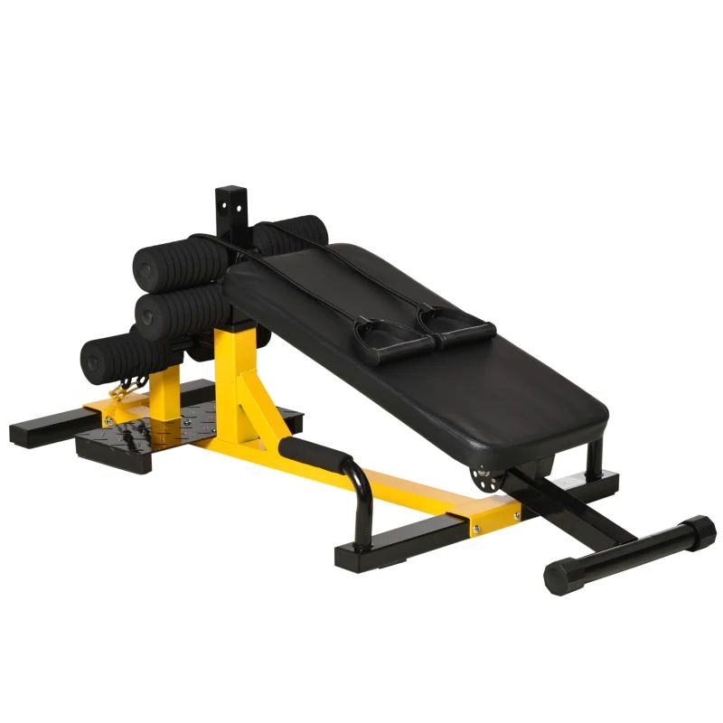 Soozier 3-in-1 Squat Machine w/ Resistance Bands, Adjustable Padded Bench & Leg Exerciser, Squats, Push Up, Sit Up for Home, Office, Gym Fitness Equipment, Yellow