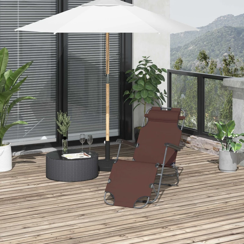 Outsunny Folding Chaise Lounge Chair, Outdoor Portable 2-Level Adjustable Recliner Zero Gravity Chair with Headrest Pillow, Armrests with Storage Mesh Pocket, Brown