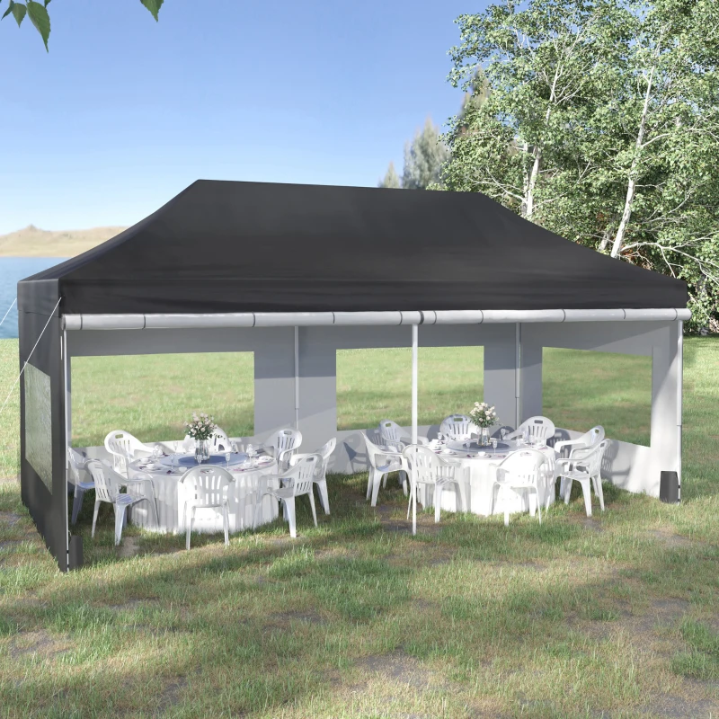 Outsunny 20' x 10' Folding Pop Up Canopy Tent with Sidewalls,  Windows, Weight Bags and Carrying Bag, Black