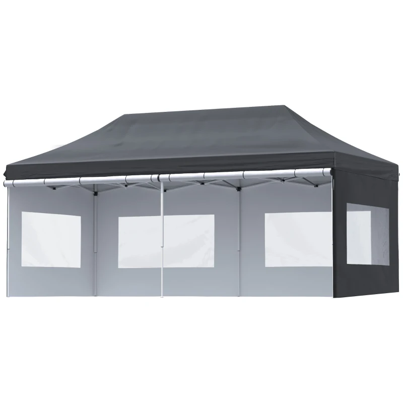 Outsunny 20' x 10' Folding Pop Up Canopy Tent with Sidewalls,  Windows, Weight Bags and Carrying Bag, Black