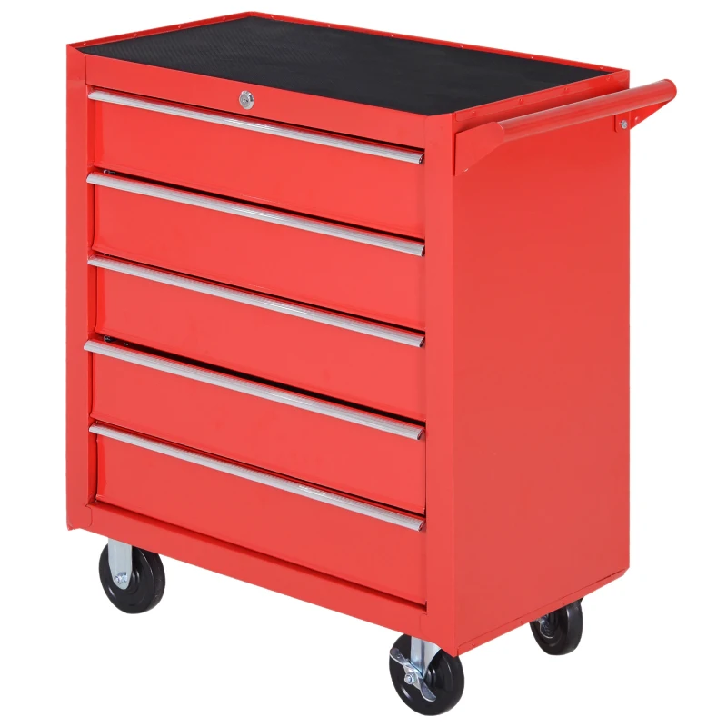 HOMCOM 5 Drawer Roller Tool Chest, Mobile Lockable Toolbox, Storage Organizer with Handle for Workshop Mechanics Garage, Red