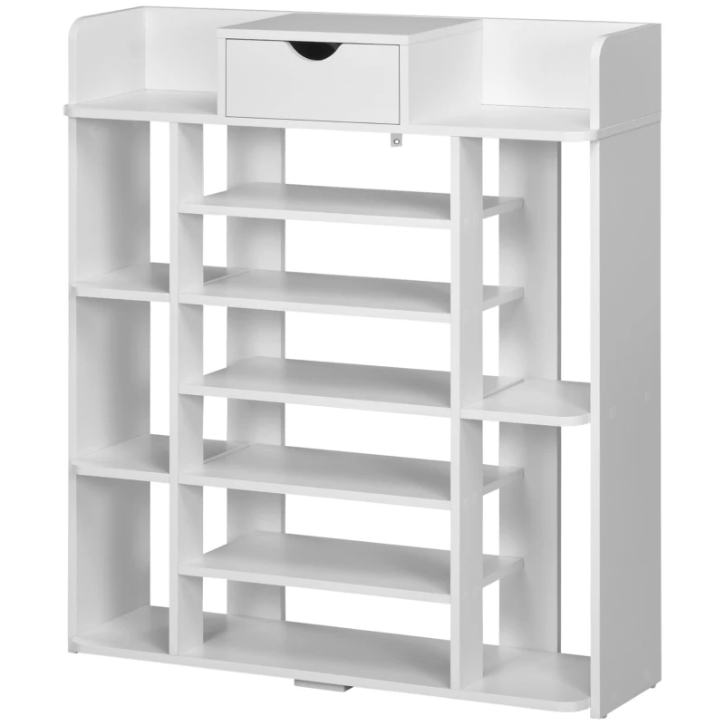 HOMCOM 7-Tier Shoe Rack, Shoe Storage Organizer with Drawer and 11 Open Shelves for 17 Pairs of Shoes, Space Saving Shoe Shelf for Hallway and Living Room, White