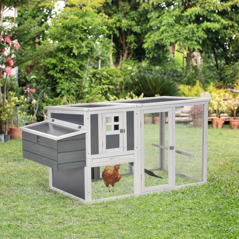 PawHut 64" Wooden Chicken Coop, Outdoor Hen House Poultry Cage with Outdoor Run, Nesting Box, Removable Tray, Openable Hollow Sheet Roof and Lockable Doors