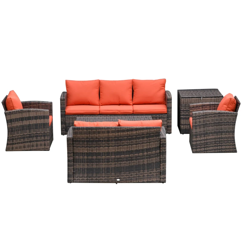 Outsunny 6 Piece Outdoor Rattan Wicker Sofa Set Sectional Patio Conversation Furniture Set w/ Storage Table & Cushion Orange