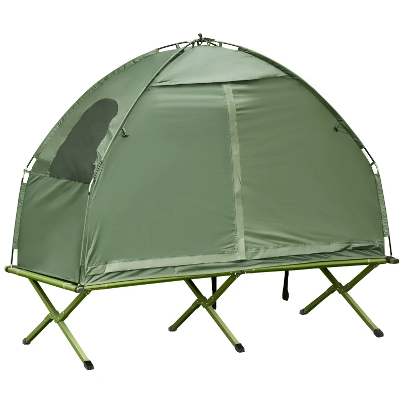 Outsunny Compact Pop Up Portable Folding Outdoor Elevated Camping Cot Tent Combo Set Dark Green