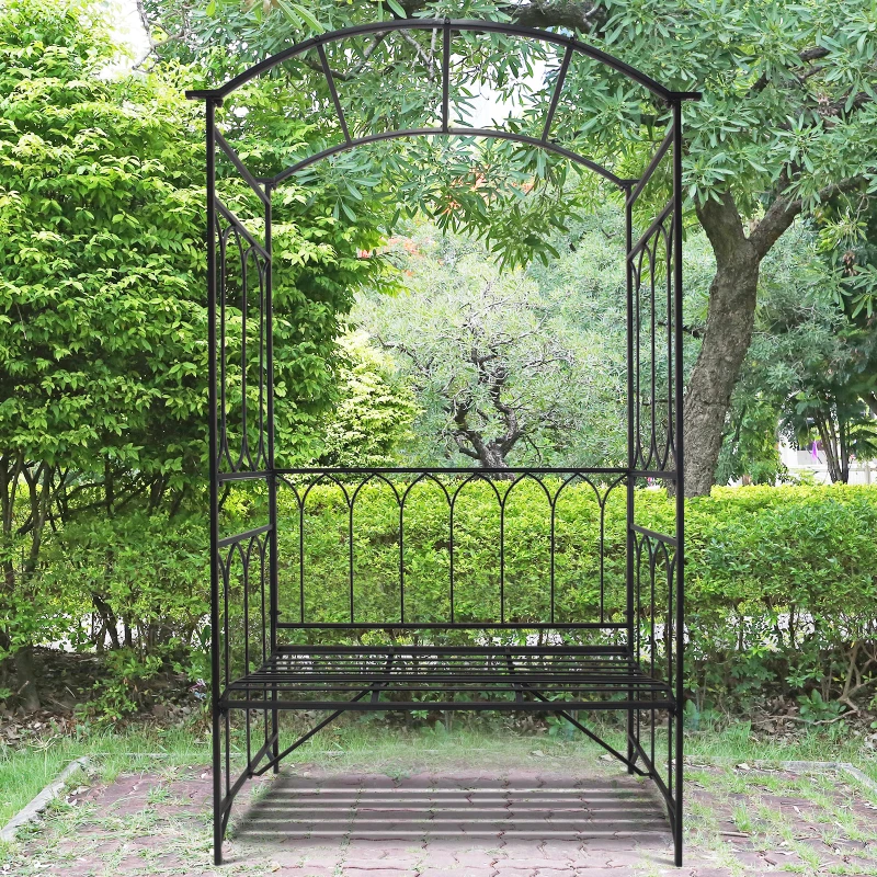Outsunny 80" Tall Fairy Garden Arbor Arch with Bench Metal Outdoor Plant Climbing Support Trellis with 2 Seater Bench for Rose Vines Black