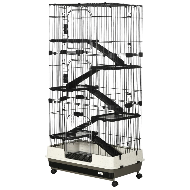 PawHut 63"H 6-Level Small Animal Cage Rabbit Hutch with Universal Lockable Wheels, Slide-Out Tray for Bunny, Chinchillas, Ferret, Black