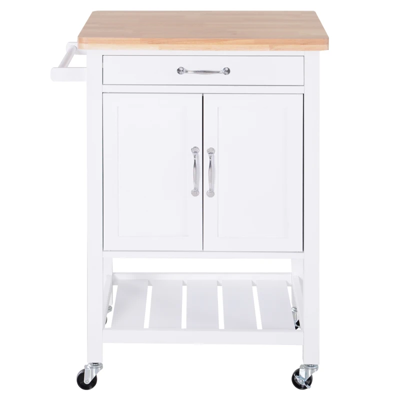HOMCOM Kitchen Storage Cabinet Trolley Serving Cart Rubber Wood top Rolling Kitchen Island with Towel Rack and Drawer White