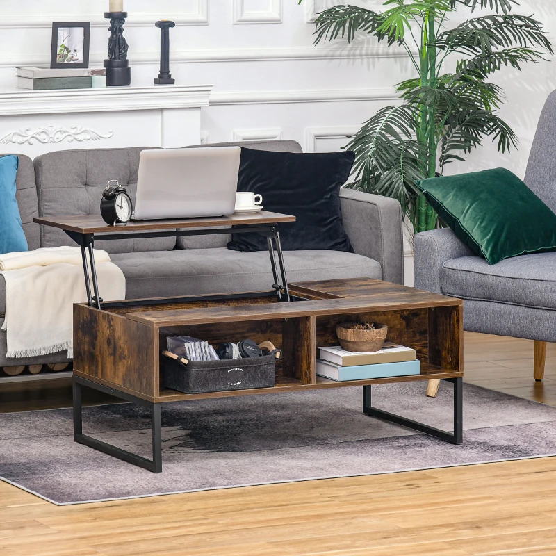 HOMCOM Wood Lift Top Coffee Table with Hidden Storage Compartment, Side Drawer with Metal Frame Design, Lift Tabletop Dining Table for Home, Living Room, Office