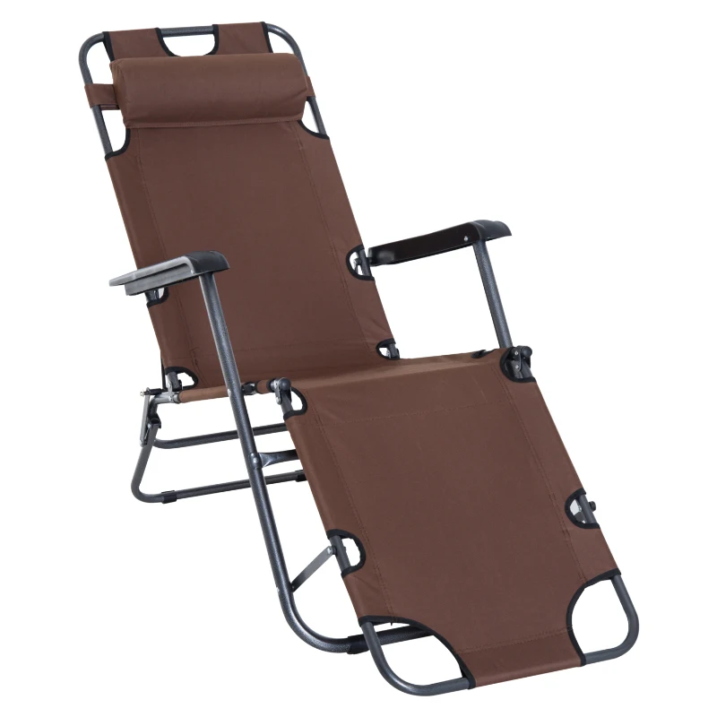 Outsunny Folding Chaise Lounge Chair, Outdoor Portable 2-Level Adjustable Recliner Zero Gravity Chair with Headrest Pillow, Armrests with Storage Mesh Pocket, Brown