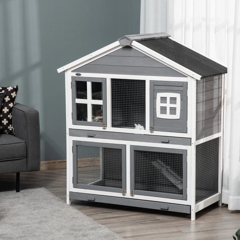 PawHut 49" Wooden Rabbit Hutch 2 Tier Bunny House Pet Playpen Enclosure for Indoor Outdoor with Slide-out Tray, Ramp, for Rabbits and Small Animals, Grey
