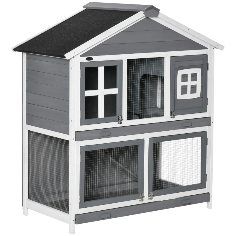 PawHut 49" Wooden Rabbit Hutch 2 Tier Bunny House Pet Playpen Enclosure for Indoor Outdoor with Slide-out Tray, Ramp, for Rabbits and Small Animals, Grey