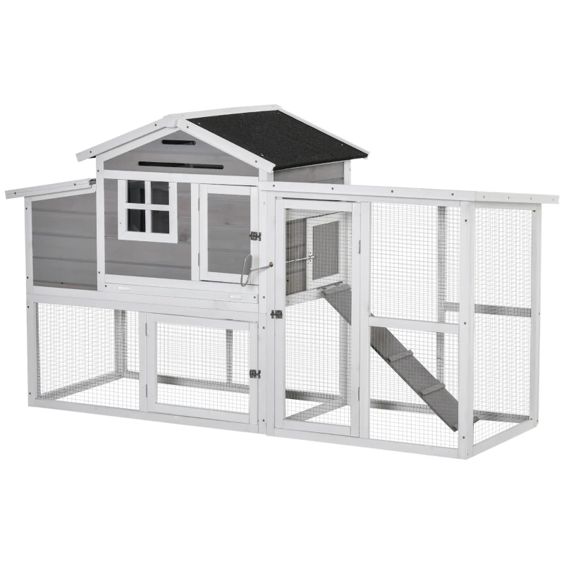 PawHut 76" Wooden Chicken Coop, Outdoor Hen House Poultry Duck Goose Cage with Outdoor Run, Nesting Box, Removable Tray and Lockable Doors, Grey