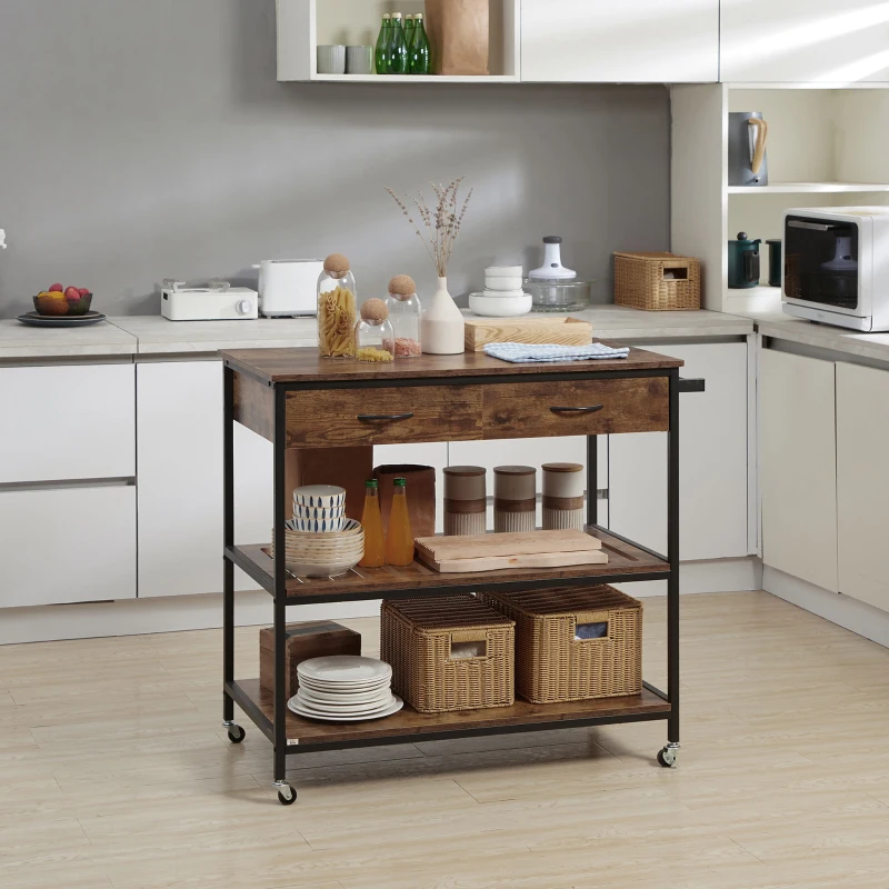 HOMCOM Industrial Kitchen Island with Storage, Kitchen Cart with Drawers, Storage Shelves, Towel Rack, Metal Frame for Dining Room, Living Room,Rustic Brown