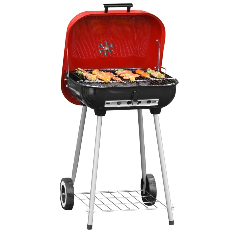 Outsunny Charcoal BBQ Grill, Portable Kettle Barbecue Smoker with Lid, Wheels, Storage Rack, Red
