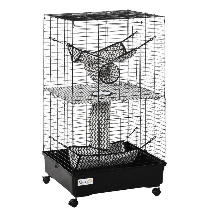 PawHut Small Animal Cage Ferret Cage with Wheels Hammocks Tunnels and 3 Doors Black