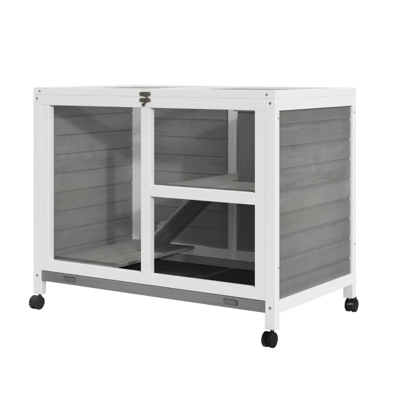 PawHut Indoor Rabbit Hutch with Wheels, Bunny Cage Guinea Pig House W/ Top Access, Ramp, Pull Out Tray, Grey
